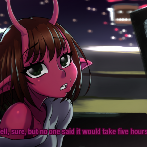 cute red alien girl complains for a long trip