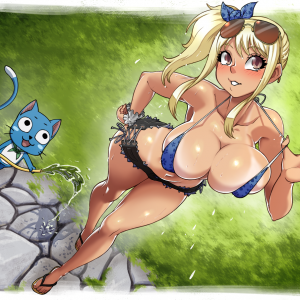 lucy heartfilia from fairy tail tanned and happy the blue cat