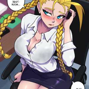 Cammy white from street fighter in a office suit looking bashful